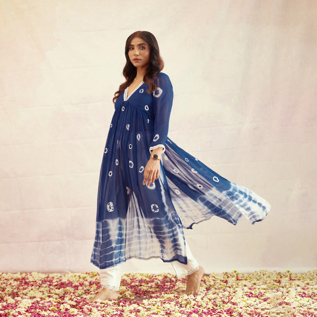 Navy Blue Dyed Bandhej Alia Cut Flared Long Kurta With Pockets Pants