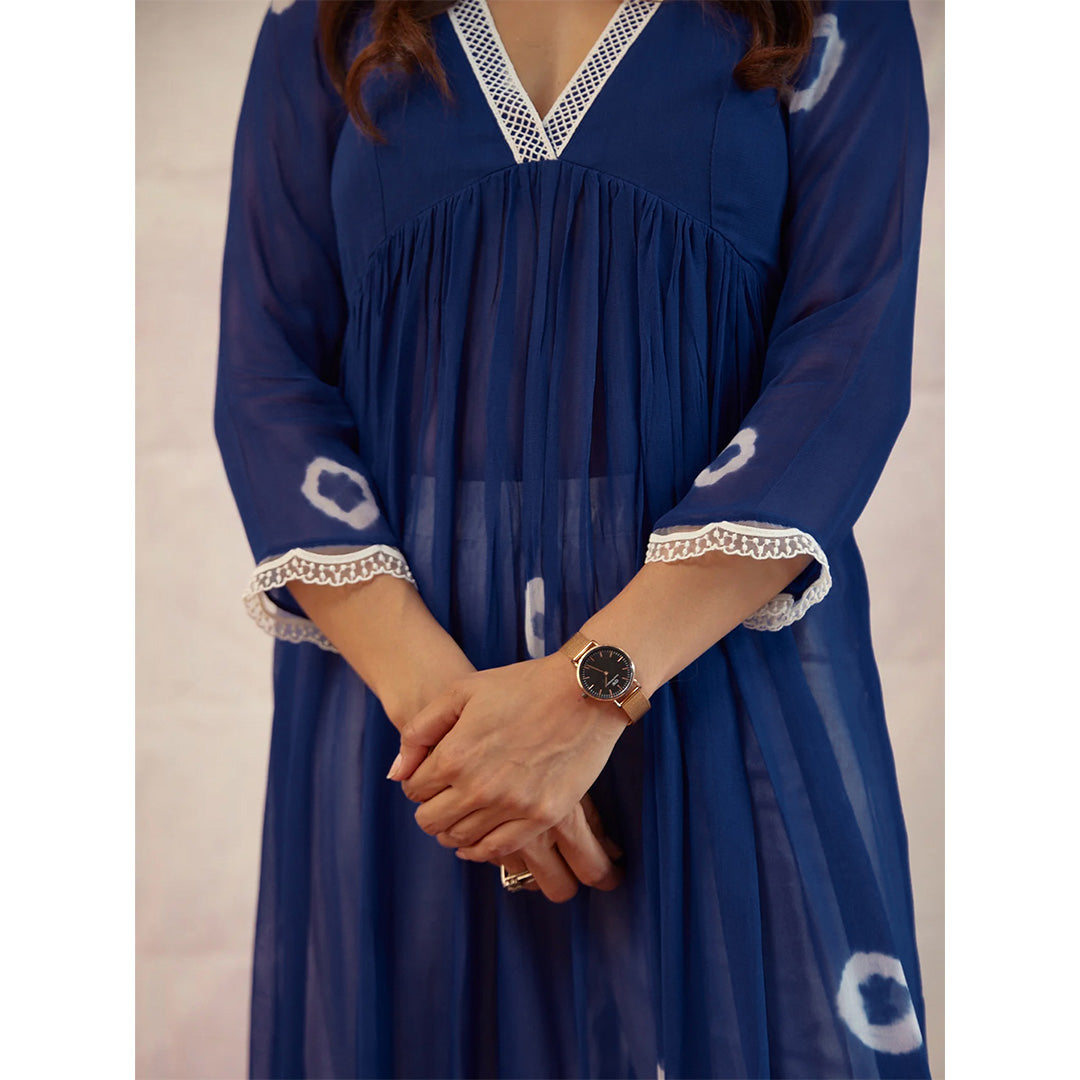 Navy Blue Dyed Bandhej Alia Cut Flared Long Kurta With Pockets Pants