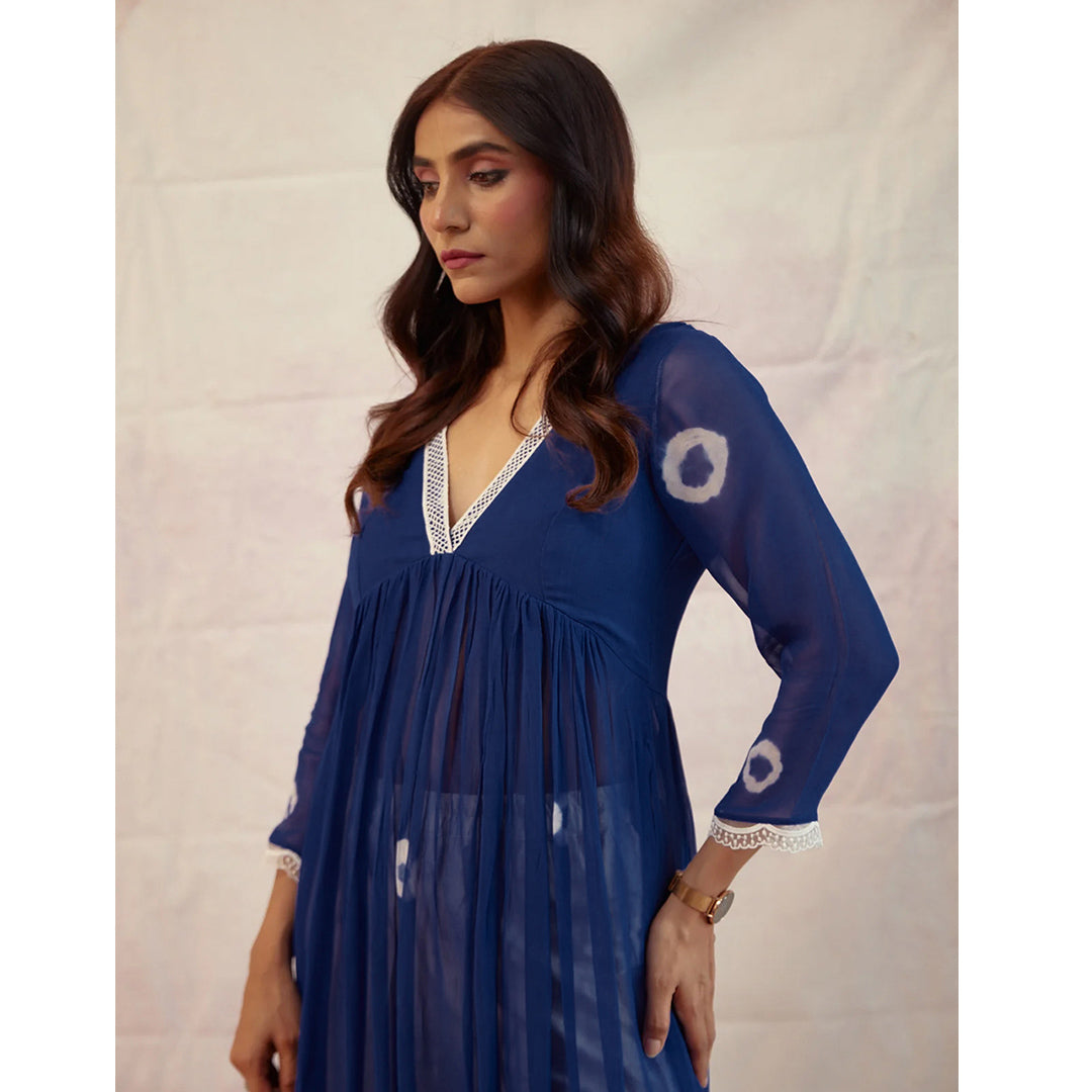 Navy Blue Dyed Bandhej Alia Cut Flared Long Kurta With Pockets Pants