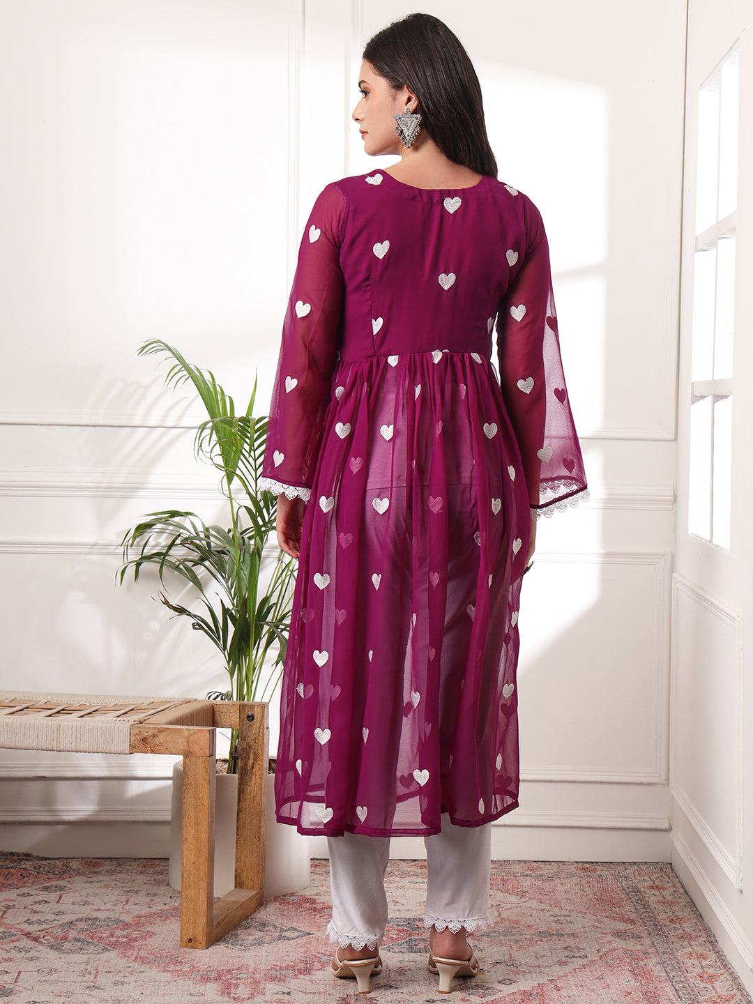 Alia-cut Heart Embroidered Pleated Thread Work Kurta With Pant