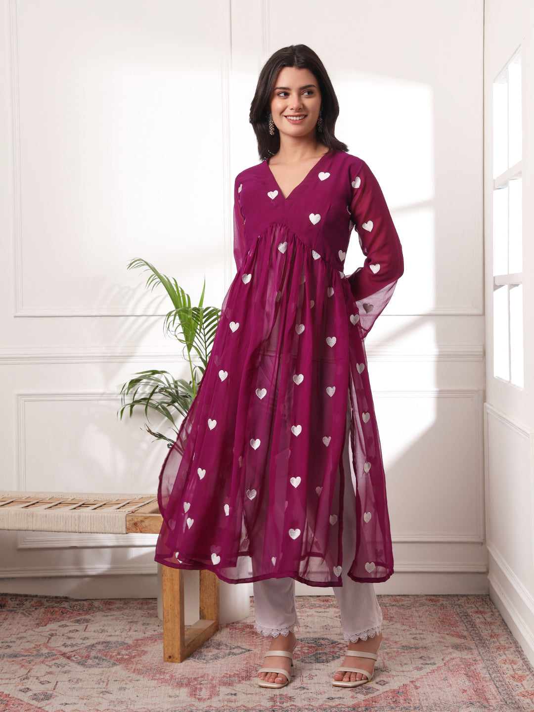 Alia-cut Heart Embroidered Pleated Thread Work Kurta With Pant