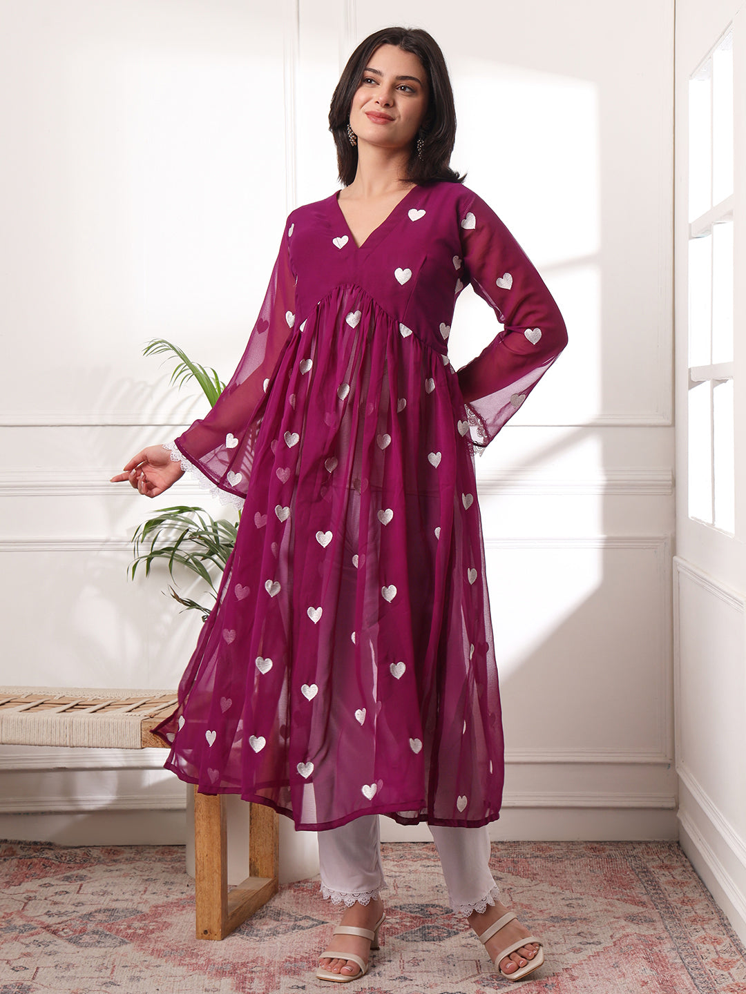 Alia-cut Heart Embroidered Pleated Thread Work Kurta With Pant