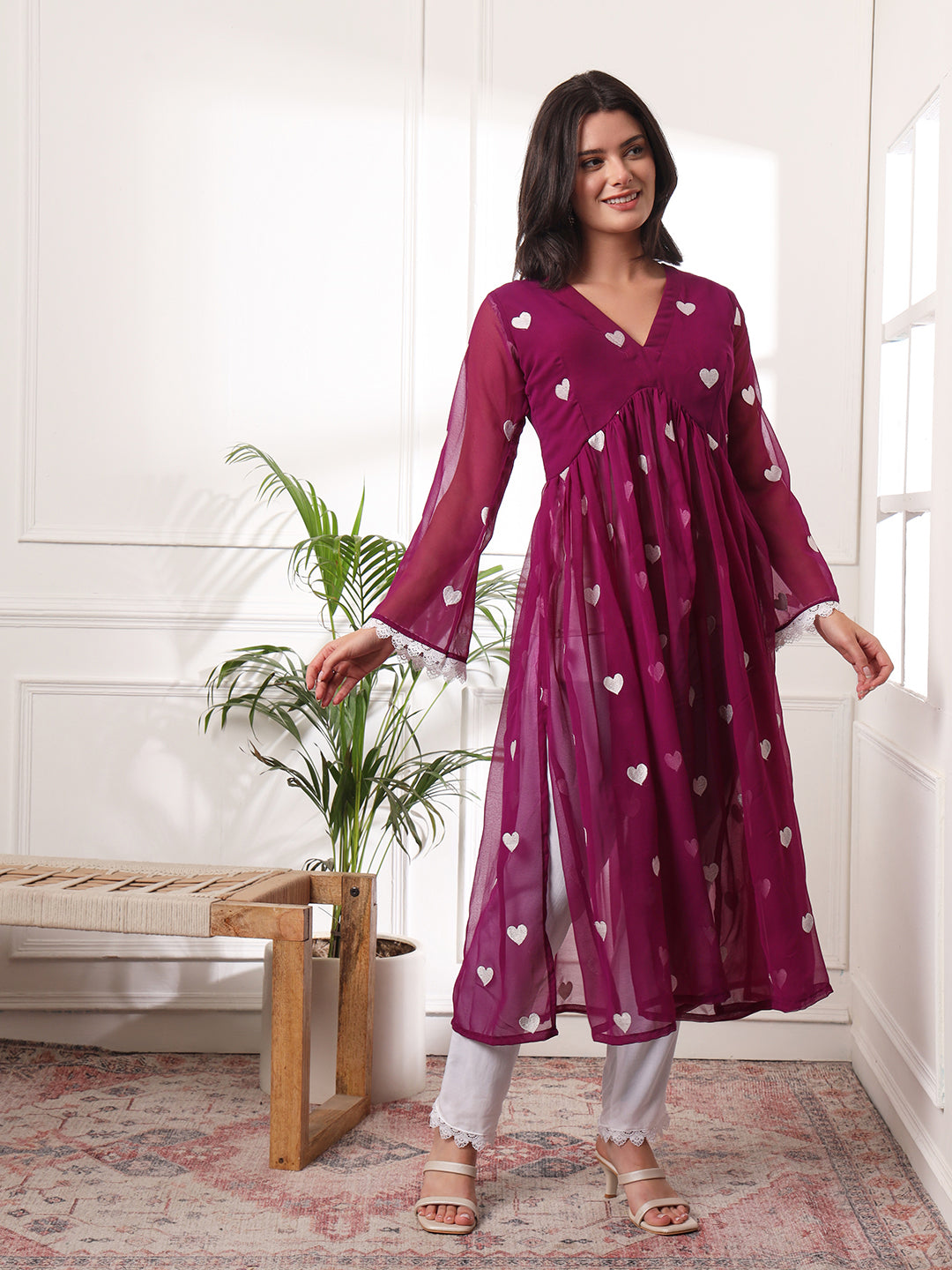 Alia-cut Heart Embroidered Pleated Thread Work Kurta With Pant