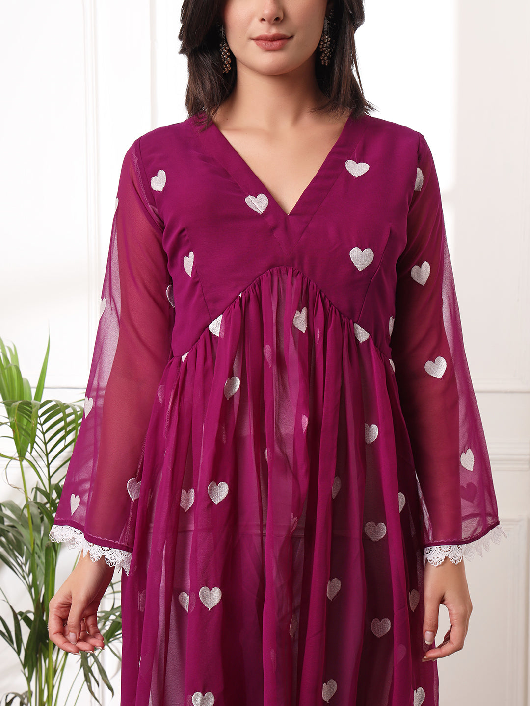 Alia-cut Heart Embroidered Pleated Thread Work Kurta With Pant