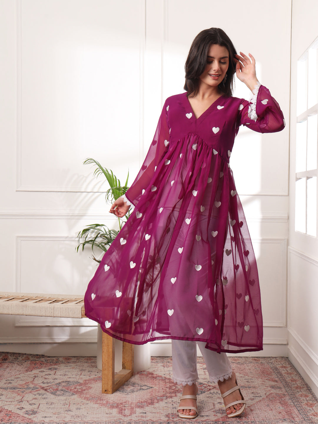 Alia-cut Heart Embroidered Pleated Thread Work Kurta With Pant