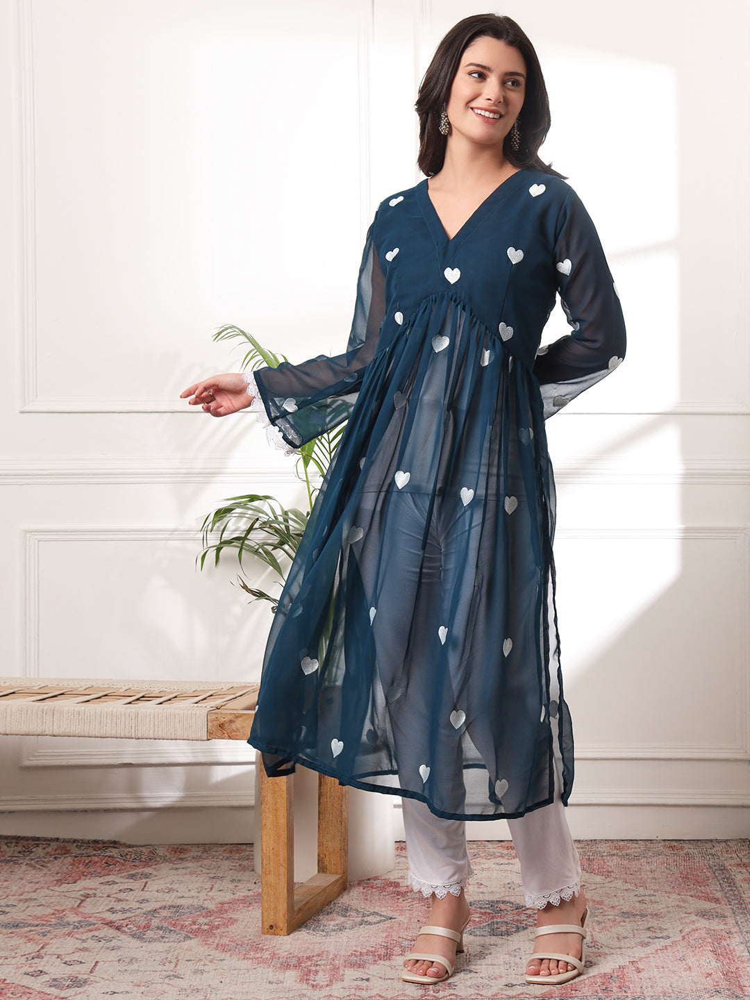 Rama Green Heart Embrodiered Alia-cut Kurta With Pant