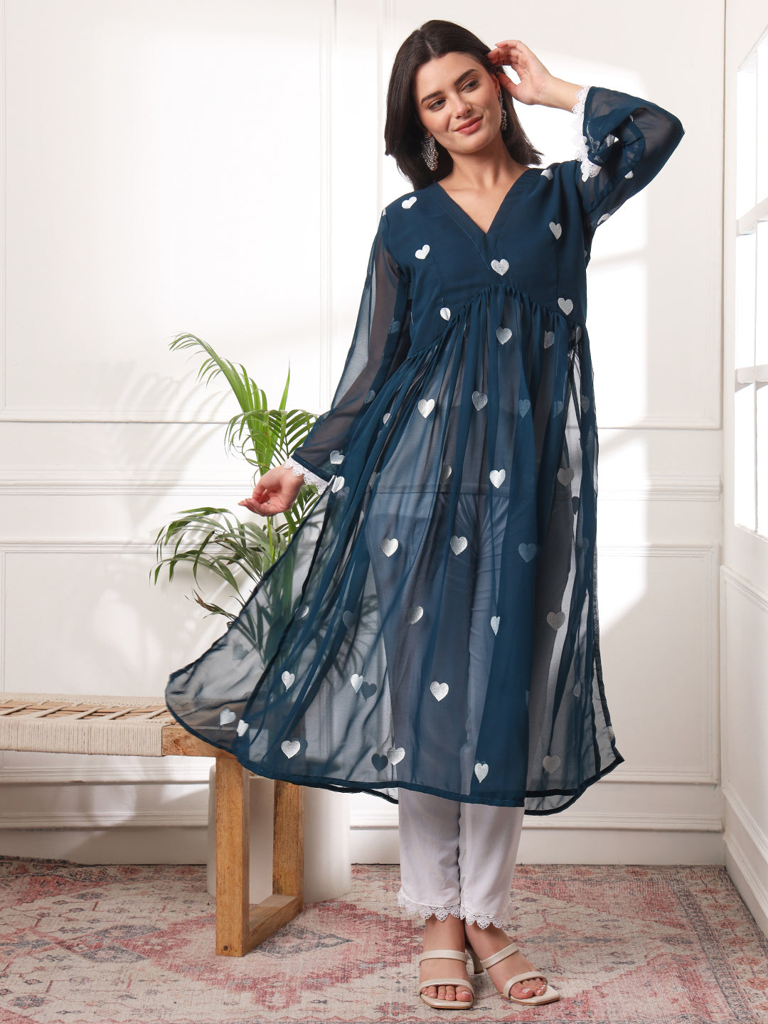 Rama Green Heart Embrodiered Alia-cut Kurta With Pant