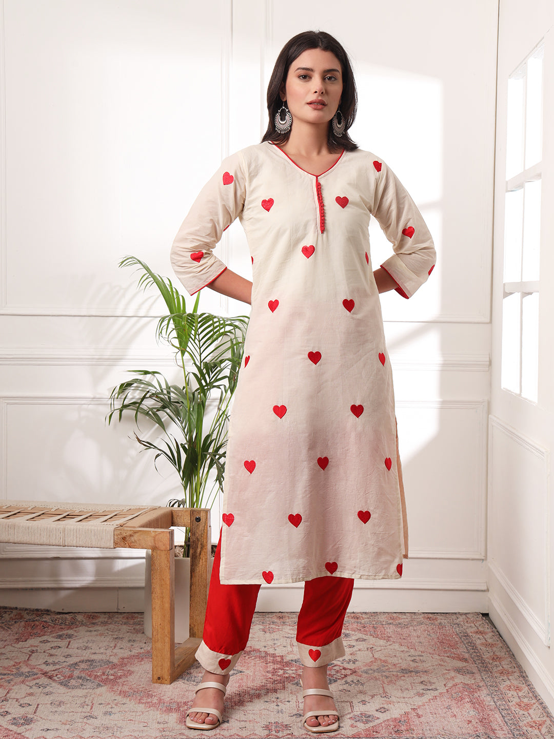 Heart Embroidered Thread Work Pure Cotton Kurta With Pyjamas & With Dupatta