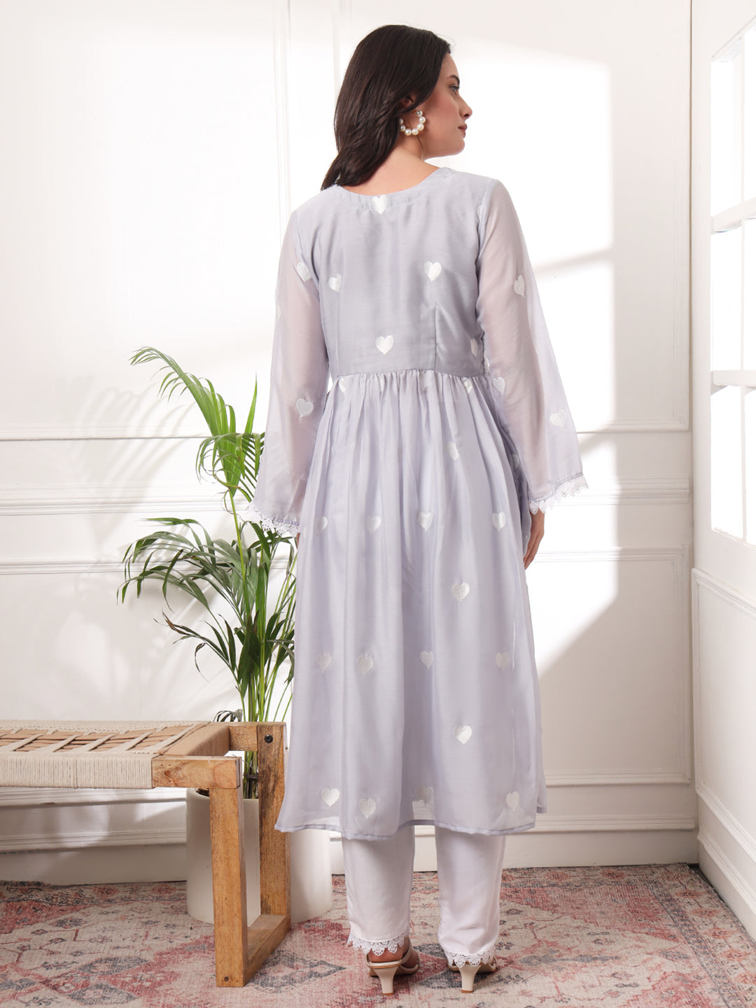 Light Grey Heart Embroidered Alia-cut Kurta with Pants