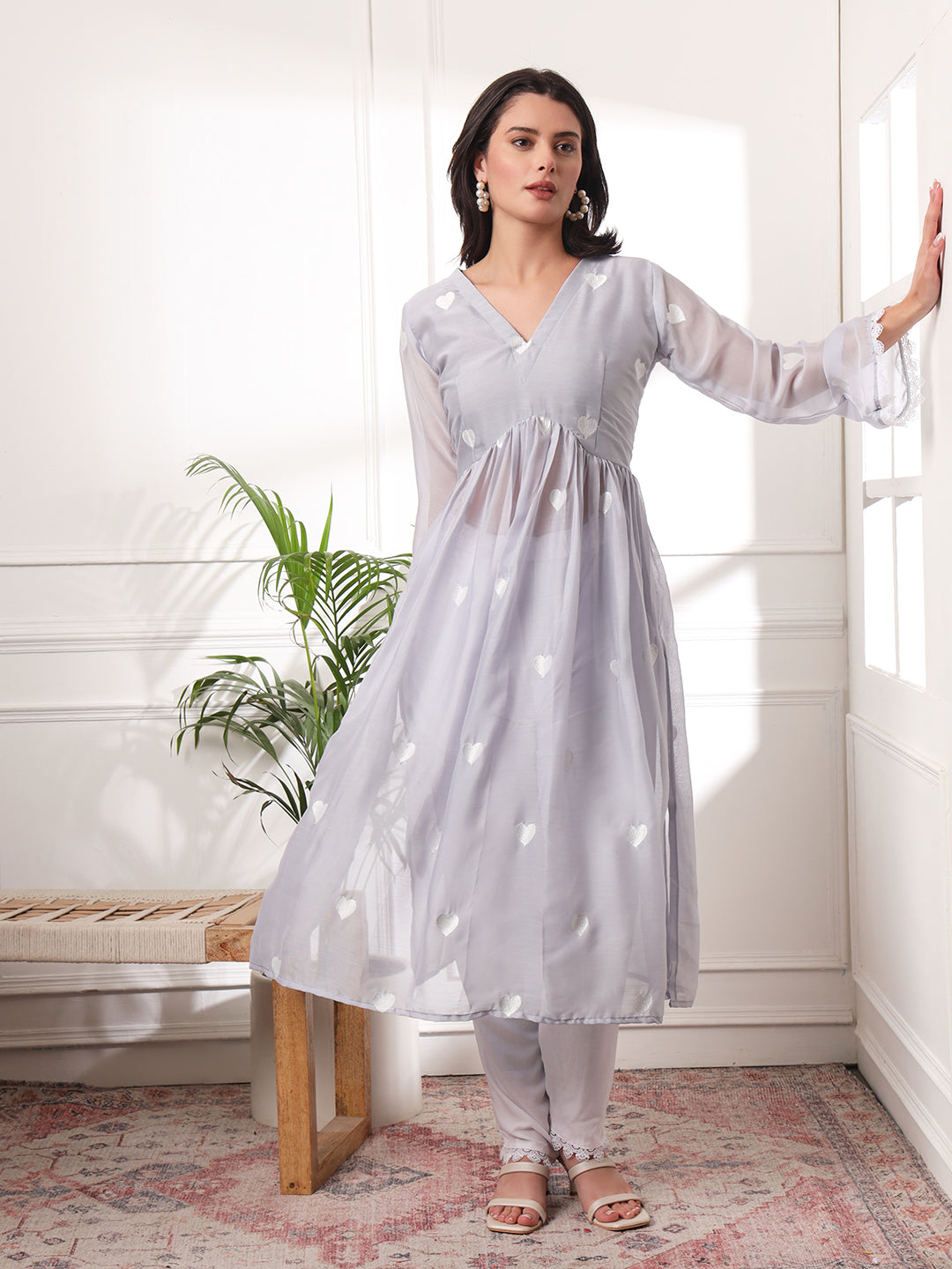 Light Grey Heart Embroidered Alia-cut Kurta with Pants