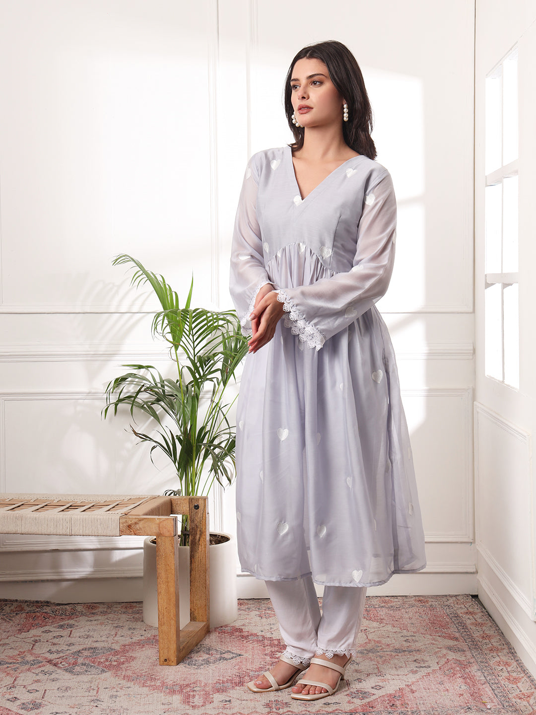 Light Grey Heart Embroidered Alia-cut Kurta with Pants