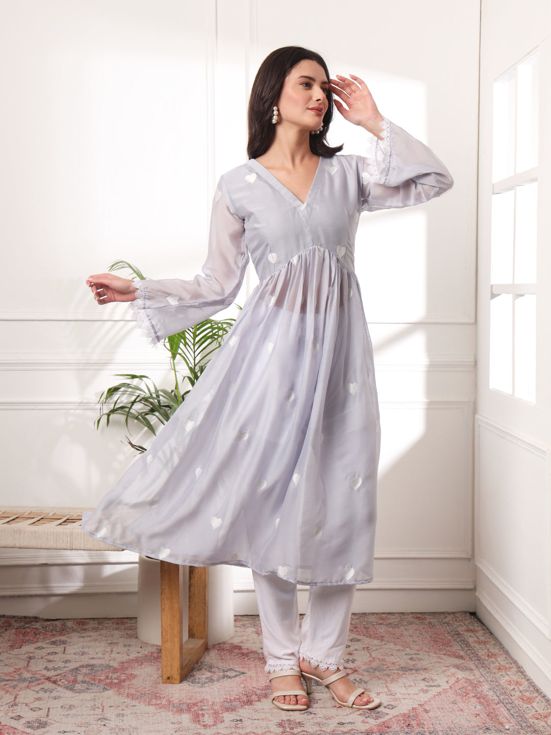 Light Grey Heart Embroidered Alia-cut Kurta with Pants