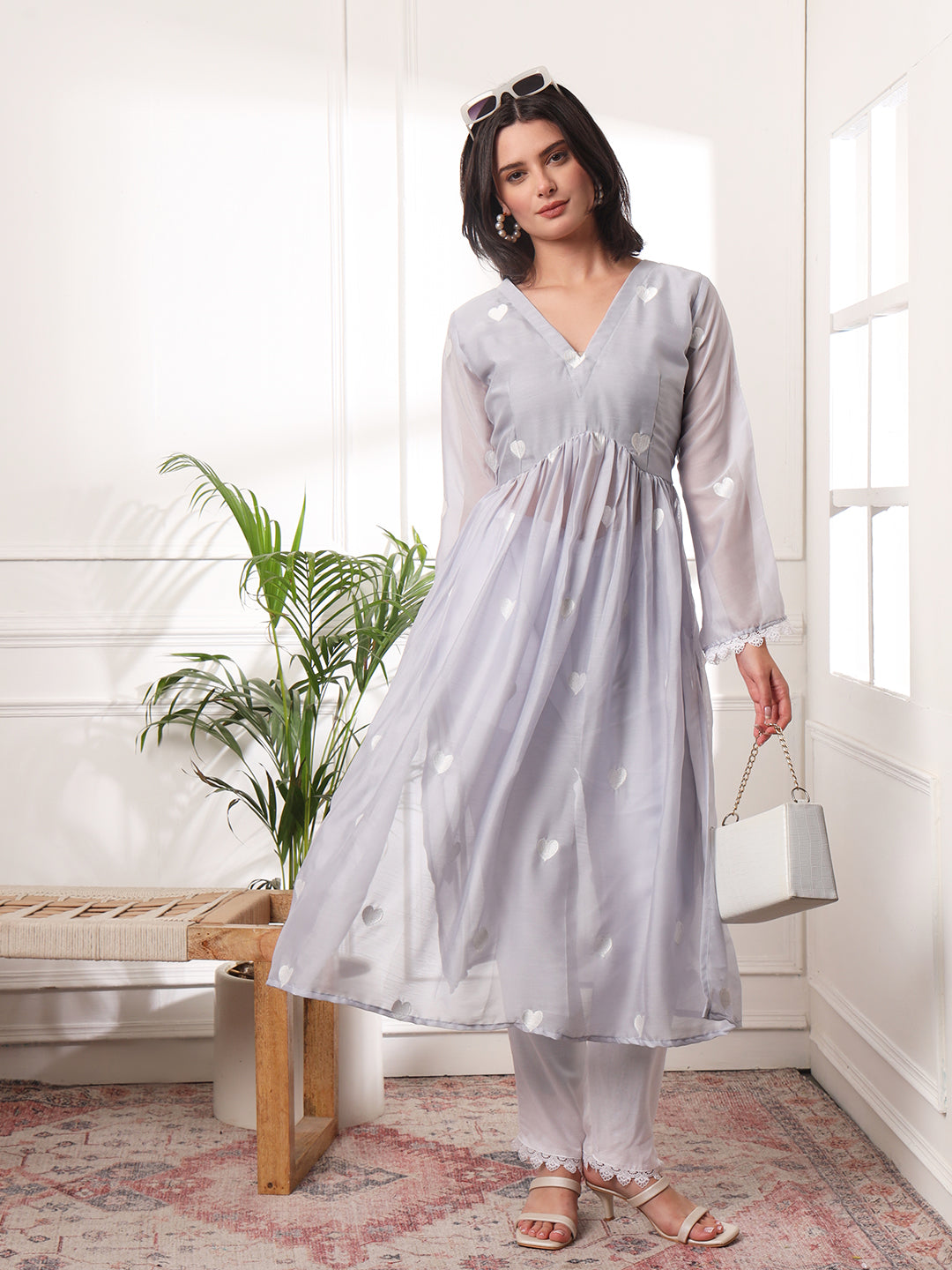 Light Grey Heart Embroidered Alia-cut Kurta with Pants