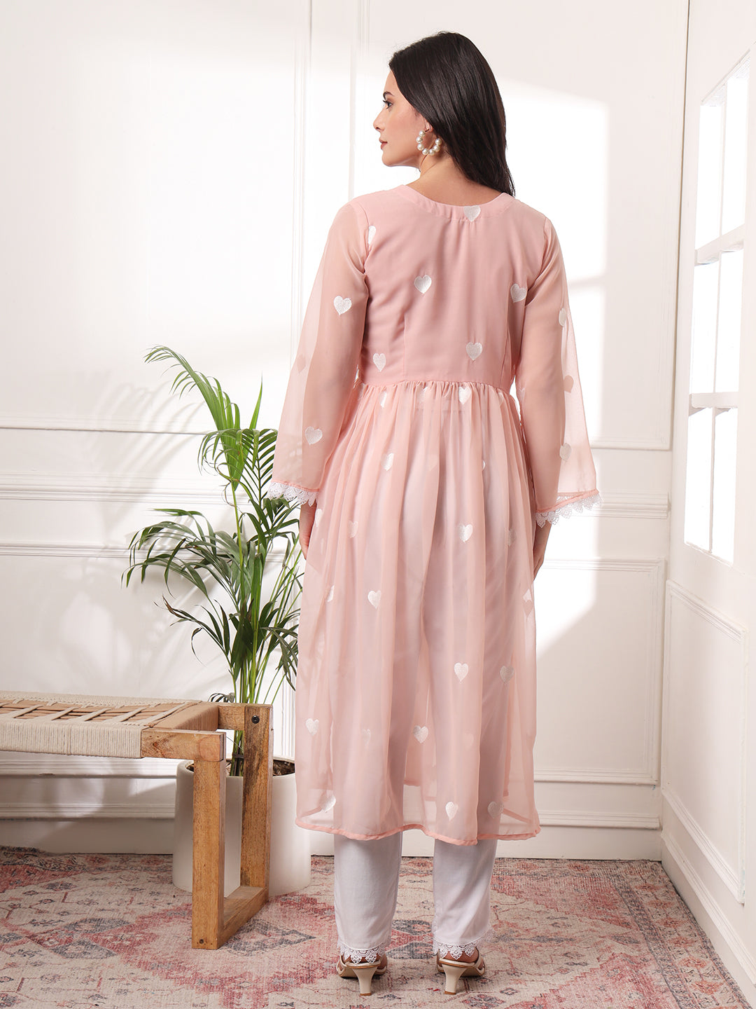 Peach Heart Embrodiered Alia-cut Kurta With Pant