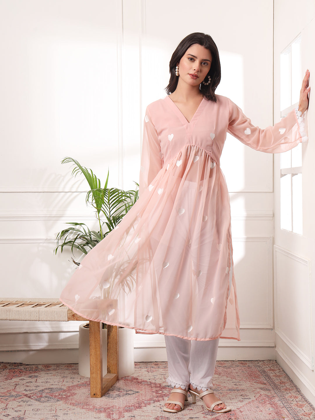 Peach Heart Embrodiered Alia-cut Kurta With Pant