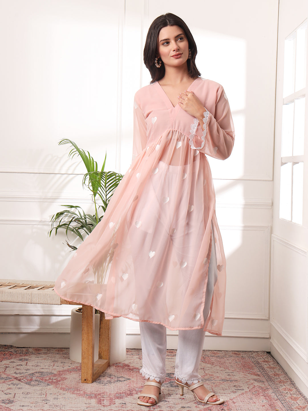 Peach Heart Embrodiered Alia-cut Kurta With Pant