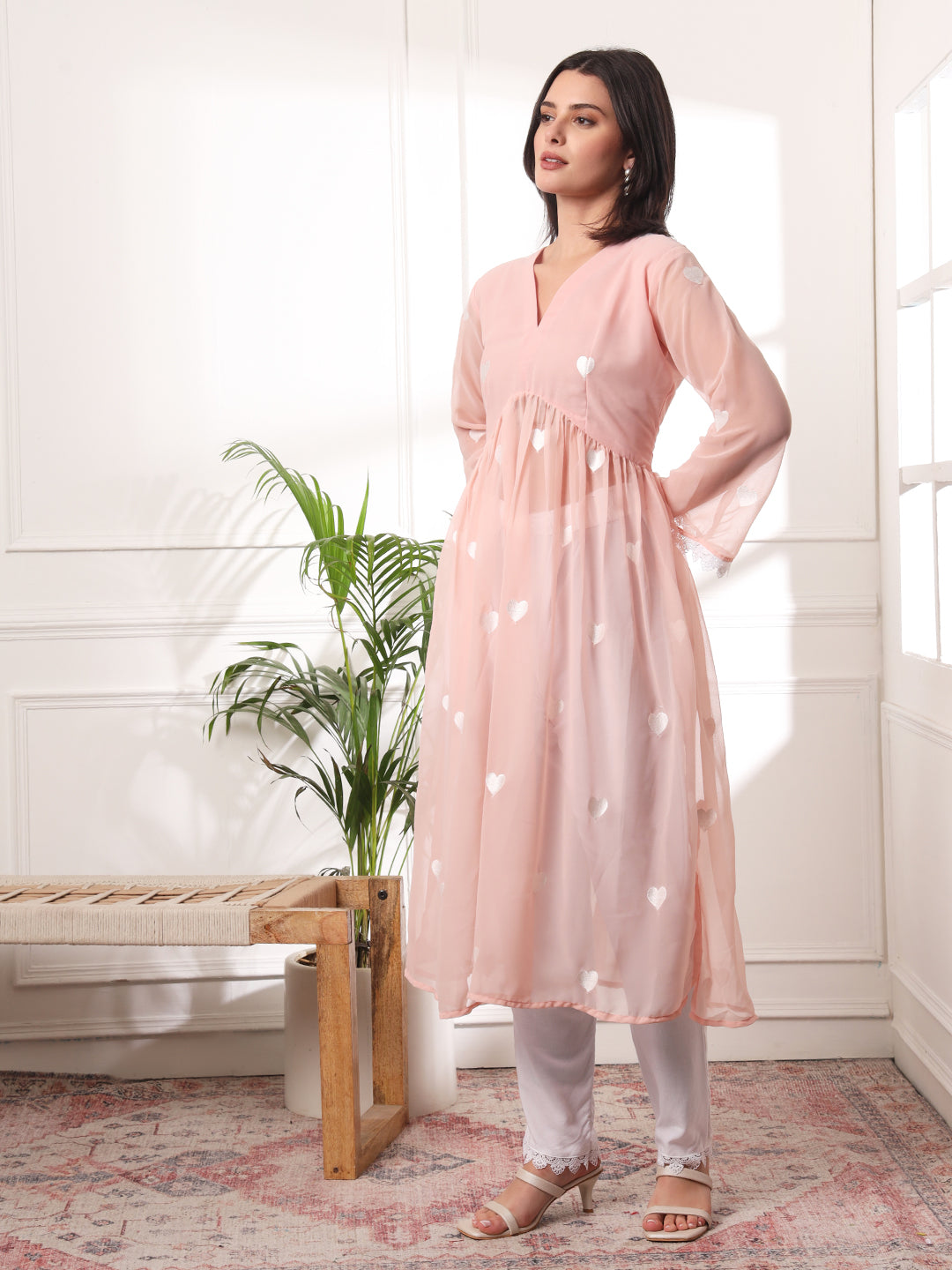 Peach Heart Embrodiered Alia-cut Kurta With Pant