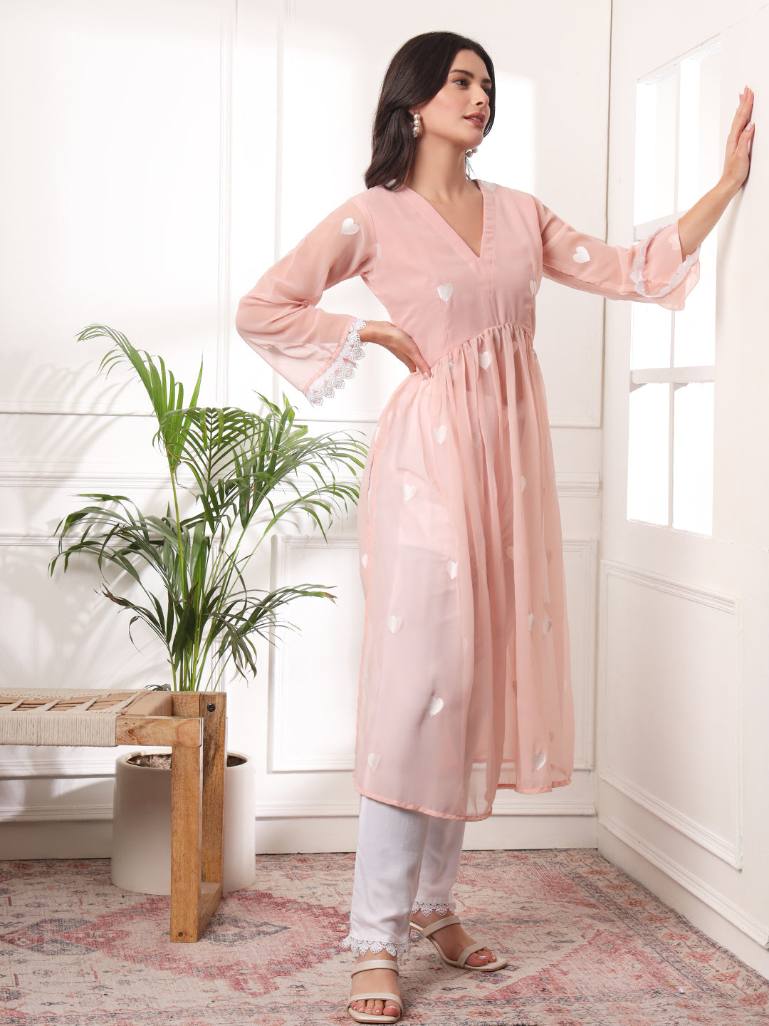 Peach Heart Embrodiered Alia-cut Kurta With Pant