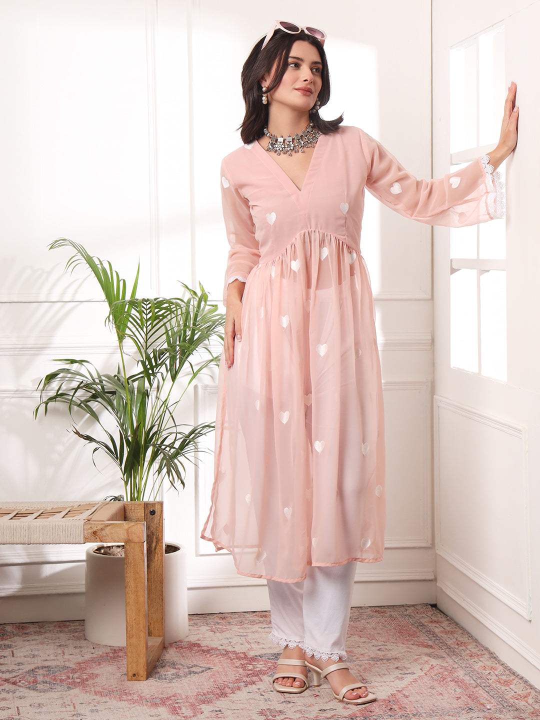 Peach Heart Embrodiered Alia-cut Kurta With Pant