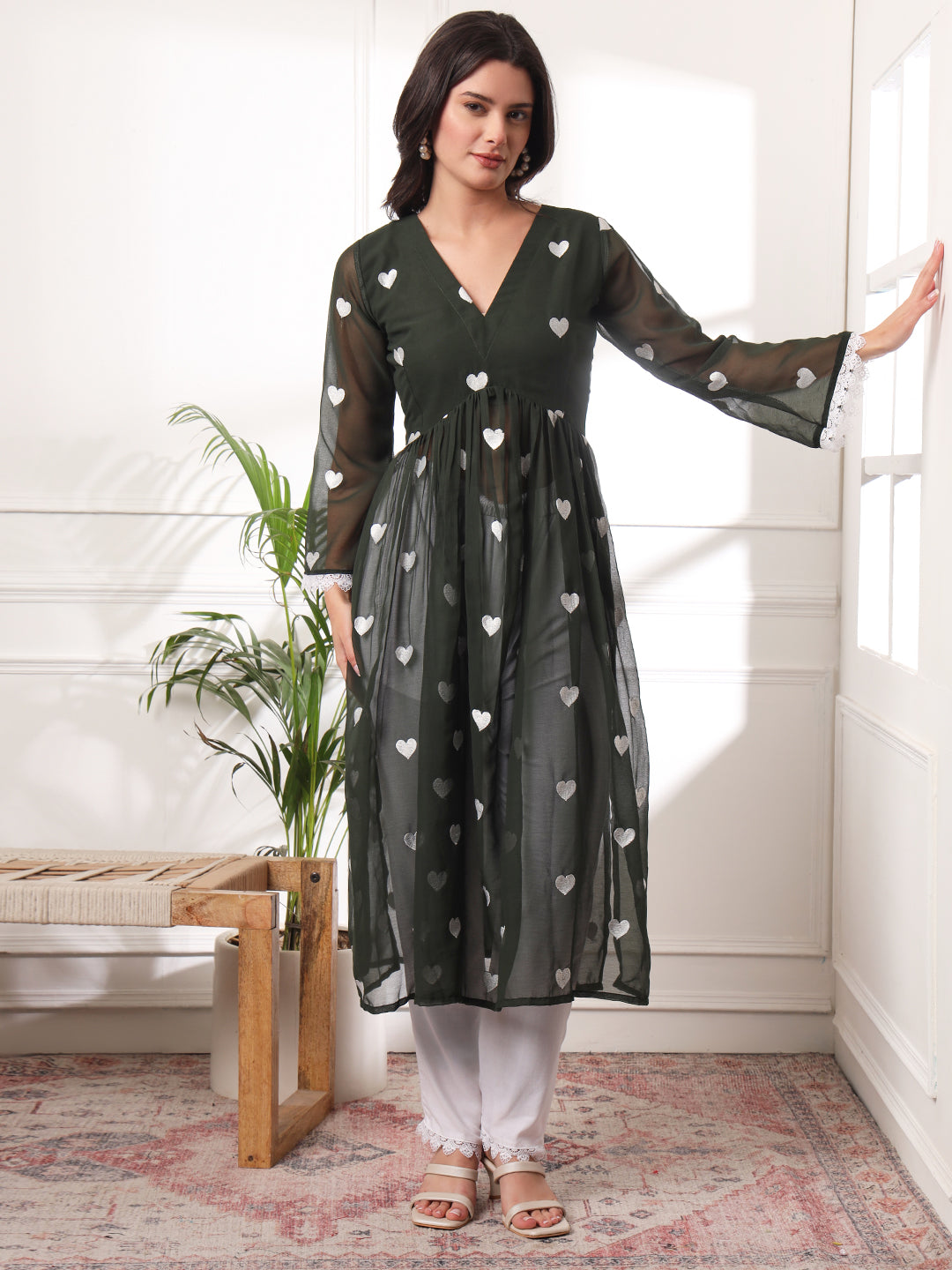 Heart Embroidered Pleated Thread Work Alia-cut Kurta with Pants