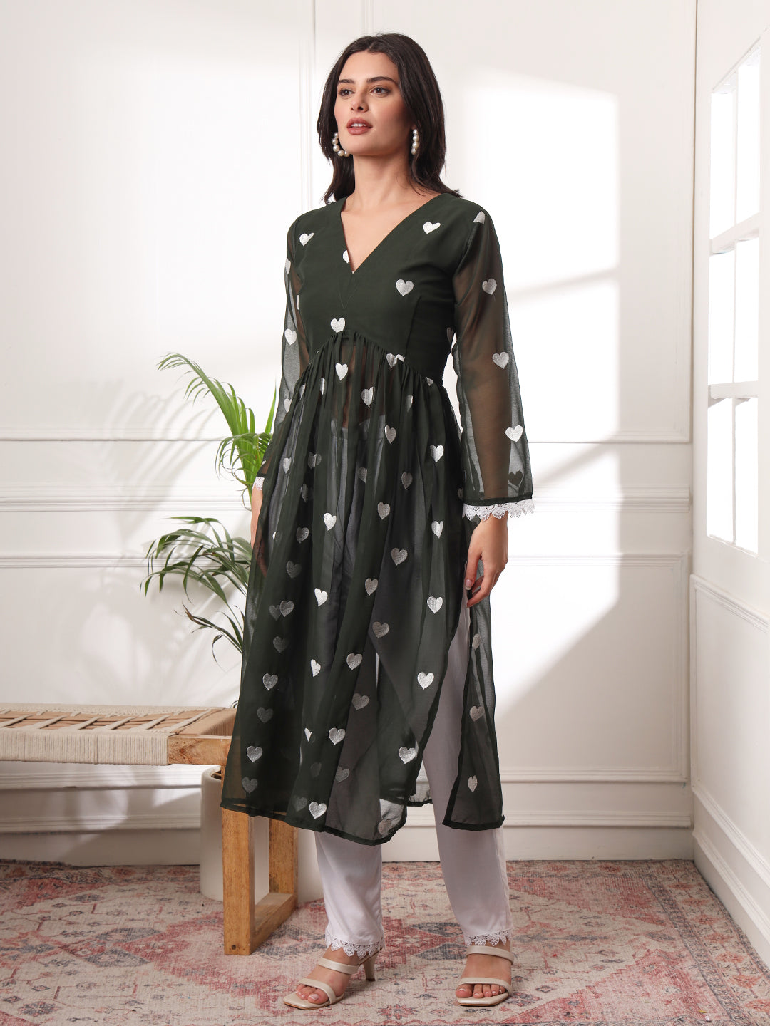 Heart Embroidered Pleated Thread Work Alia-cut Kurta with Pants