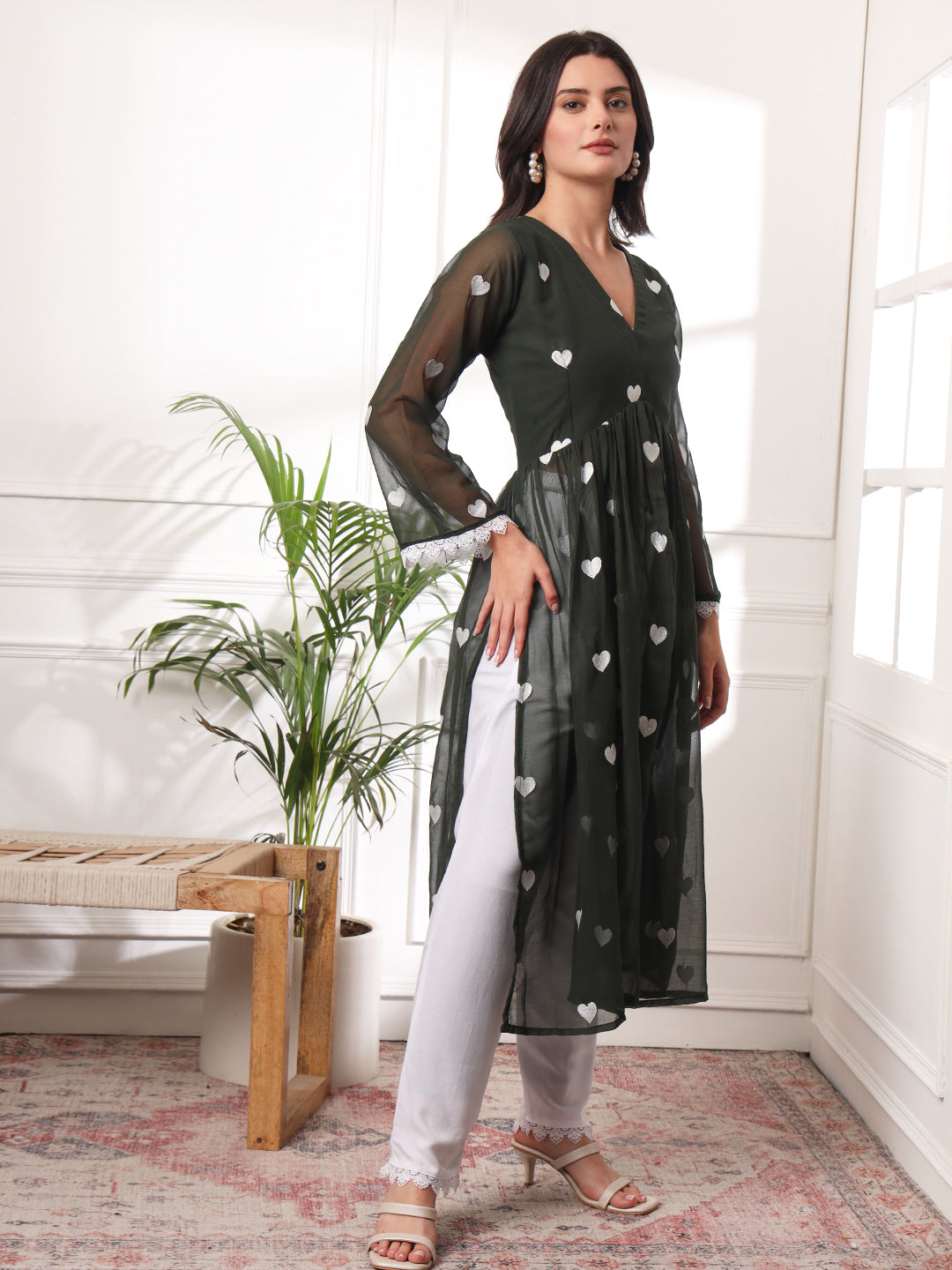 Heart Embroidered Pleated Thread Work Alia-cut Kurta with Pants