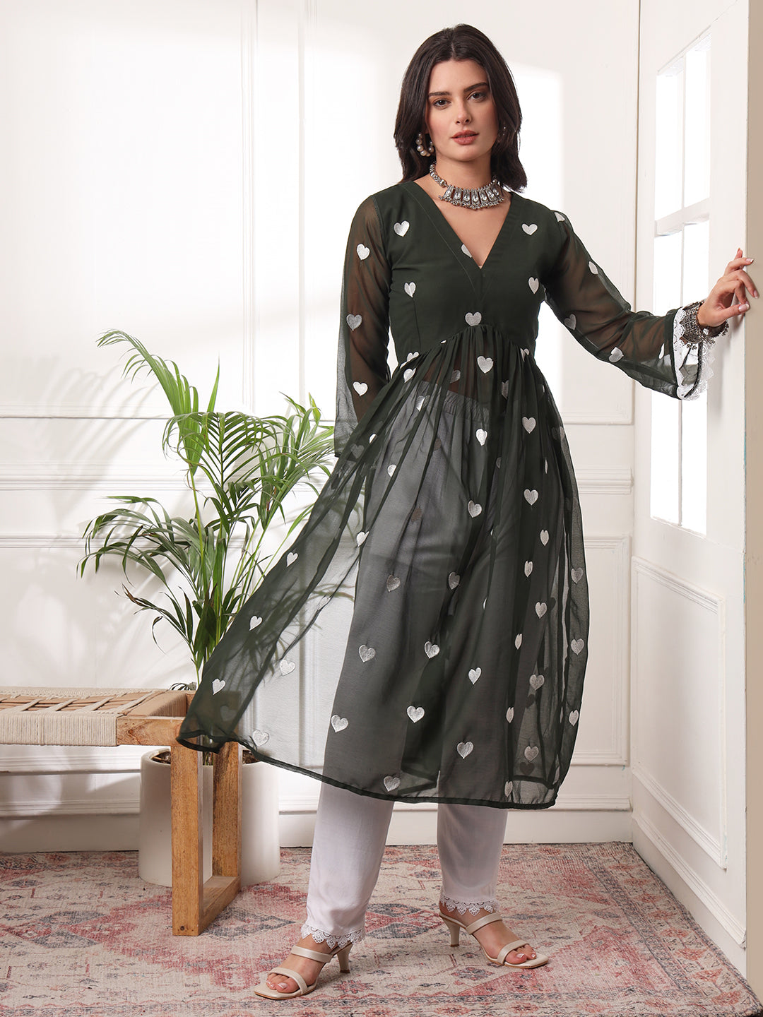 Heart Embroidered Pleated Thread Work Alia-cut Kurta with Pants