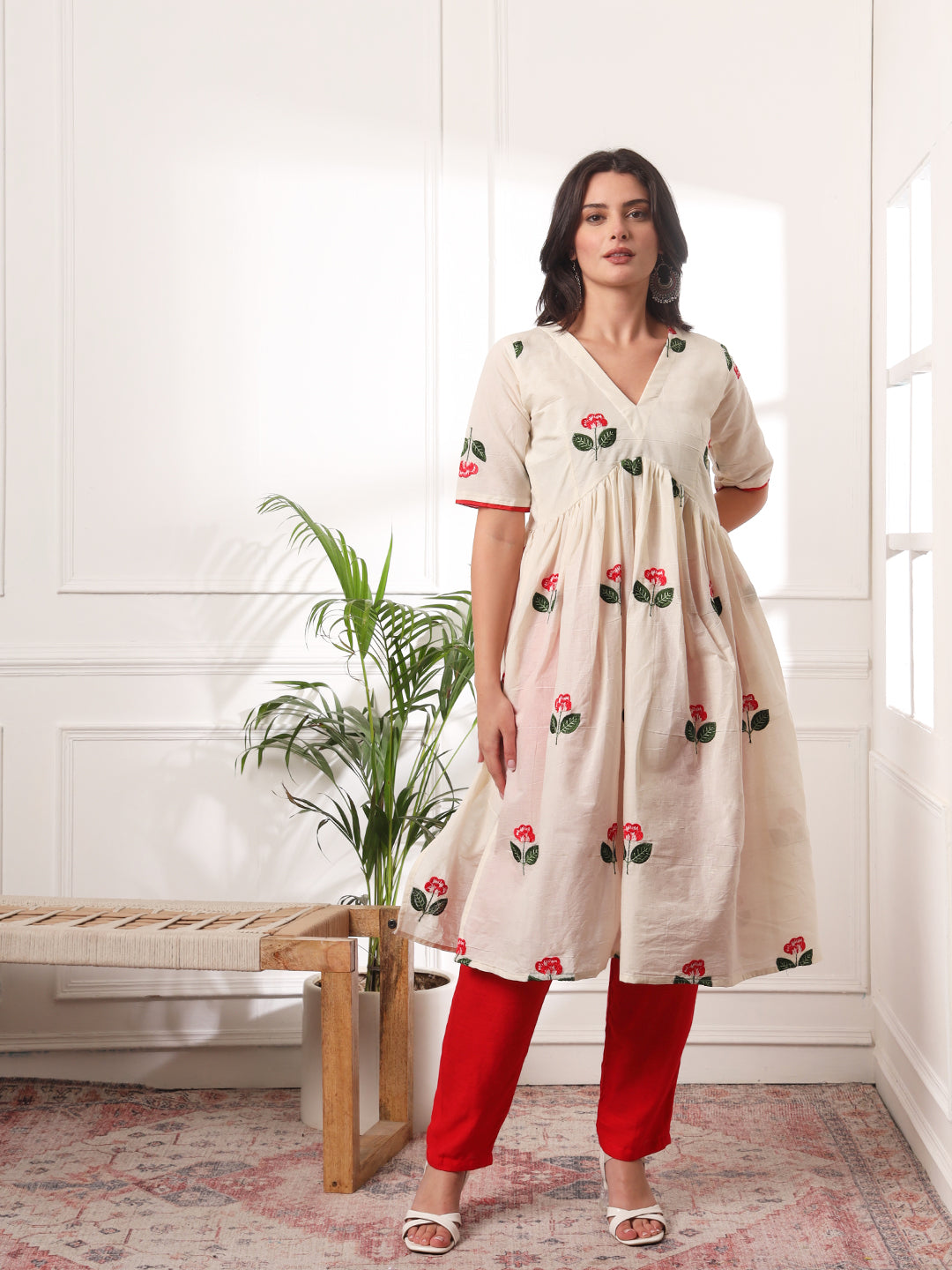 Elegant Alia-Cut Embroidered Flared Kurta With Pockets Pants