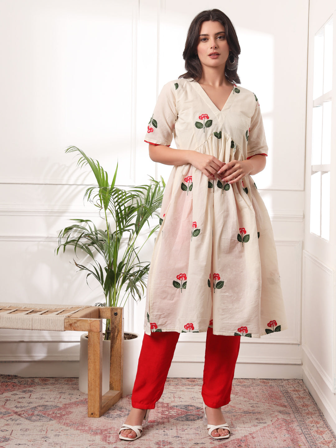 Elegant Alia-Cut Embroidered Flared Kurta With Pockets Pants