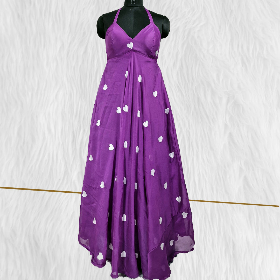 Purple Heart Embrodiered Halter Neck Padded Maxi Gown