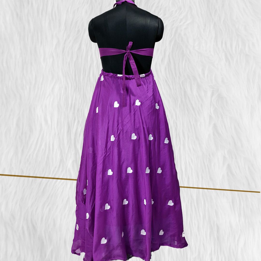 Purple Heart Embrodiered Halter Neck Padded Maxi Gown