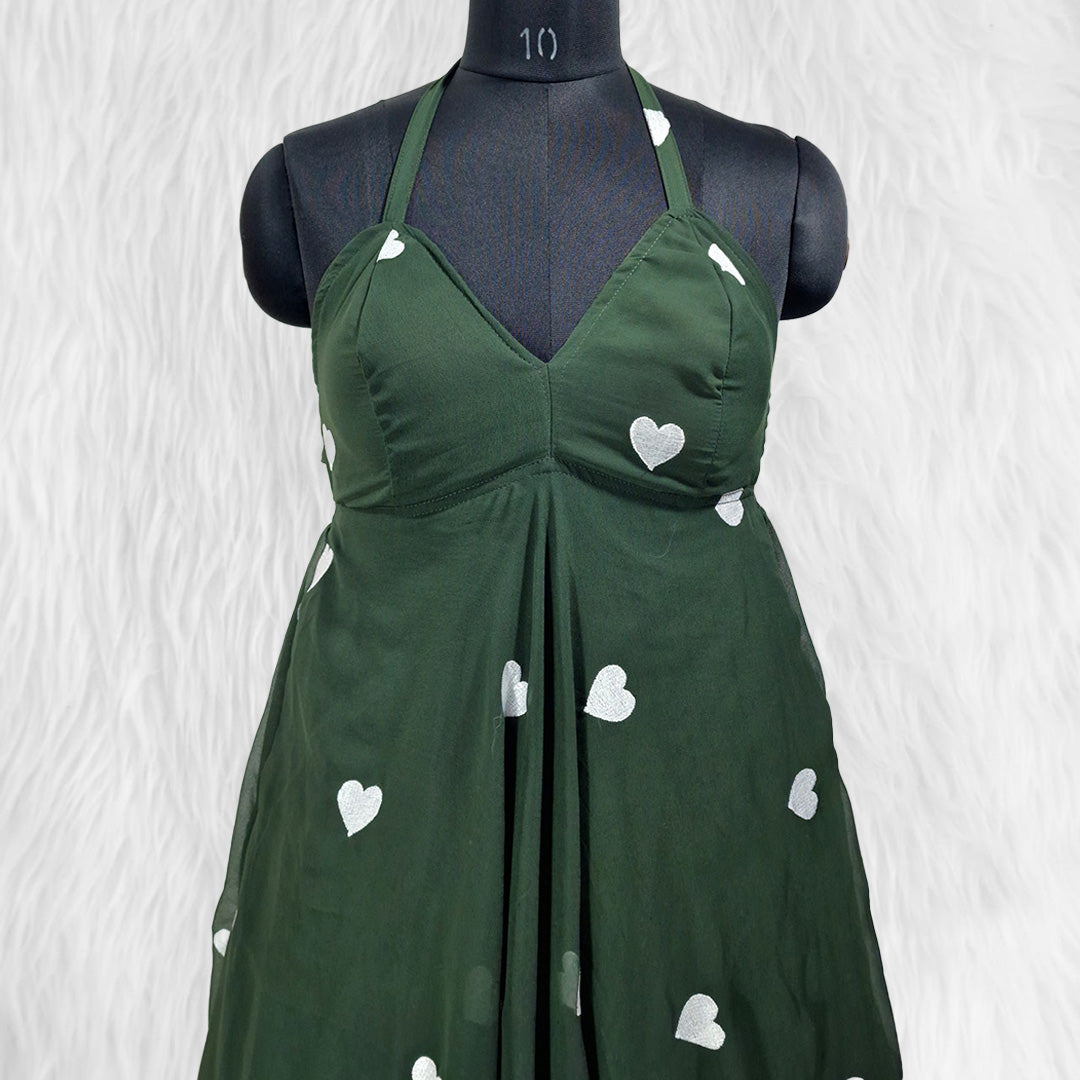 Dark Green Heart Embrodiered Halter Neck Padded Maxi Gown