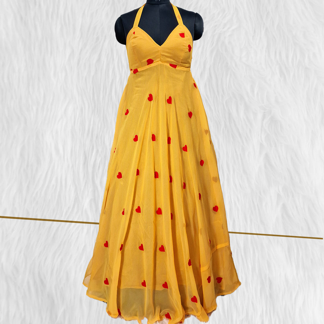 Yellow Heart Embrodiered Halter Neck Padded Maxi Gown