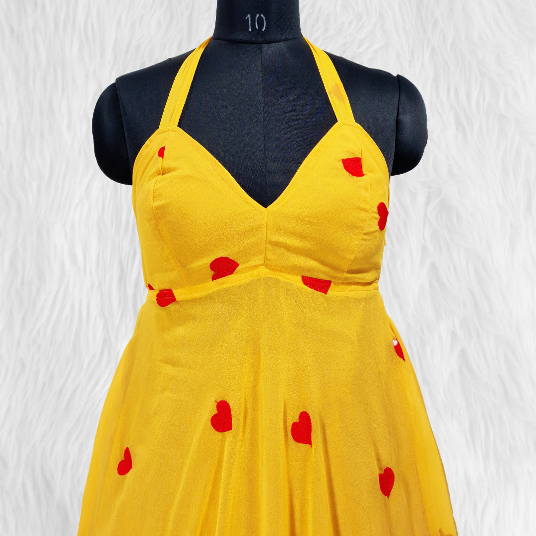 Yellow Heart Embrodiered Halter Neck Padded Maxi Gown