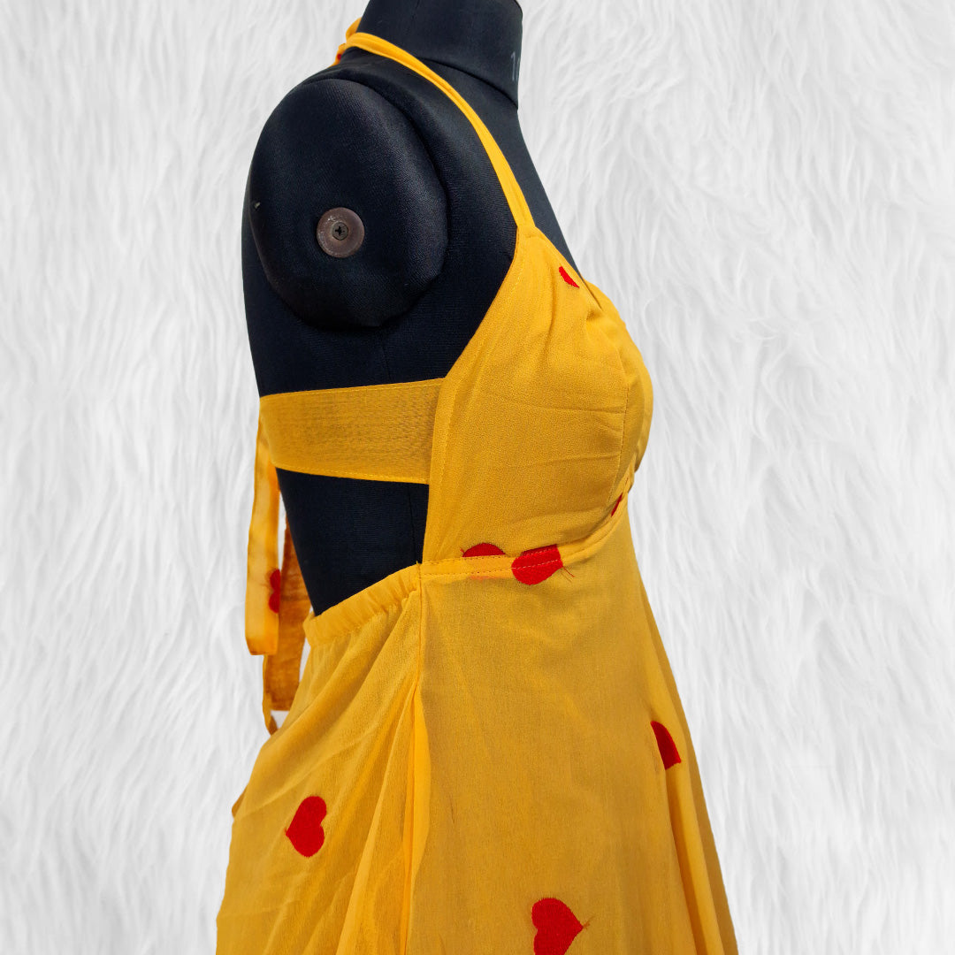 Yellow Heart Embrodiered Halter Neck Padded Maxi Gown