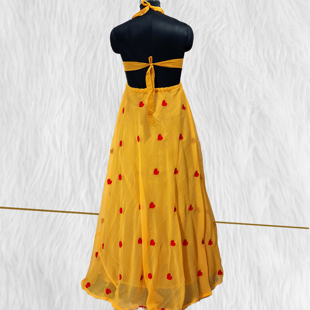 Yellow Heart Embrodiered Halter Neck Padded Maxi Gown