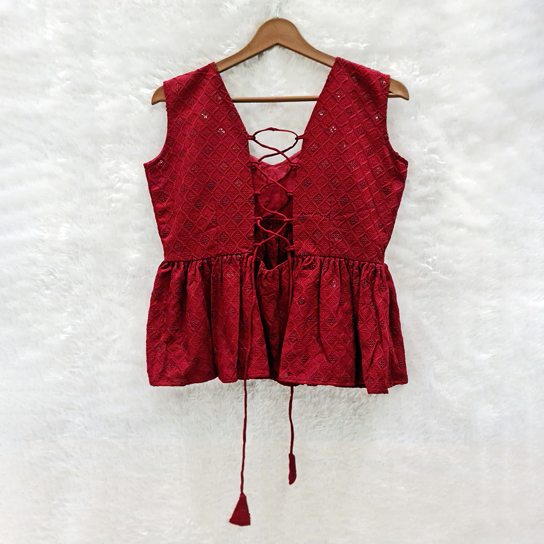 Maroon Cotton Chikankari Top