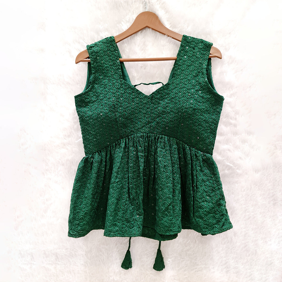 Dark Green Cotton Chikankari Top