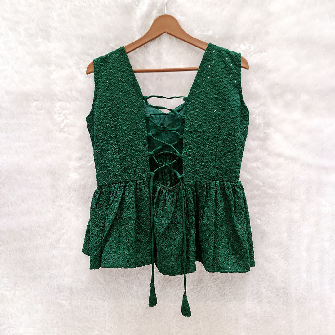 Dark Green Cotton Chikankari Top