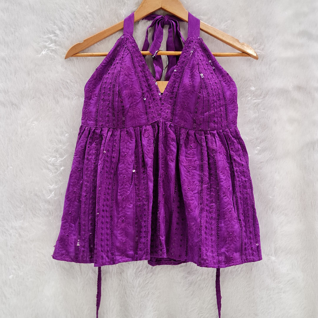 Purple Chikan Halter Neck Cotton Removable Padded Top