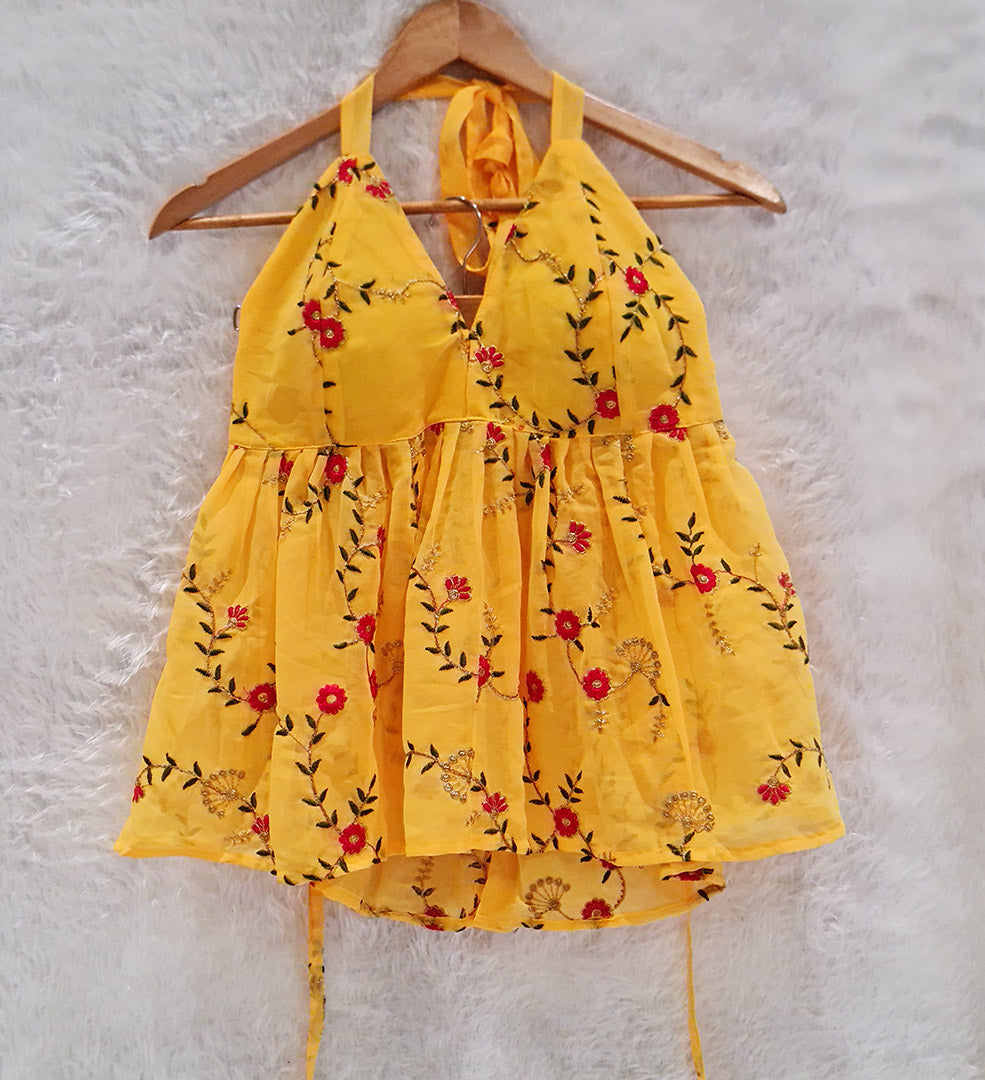 Yellow Embrodiered Halter Neck Chiffon Removable Padded Top