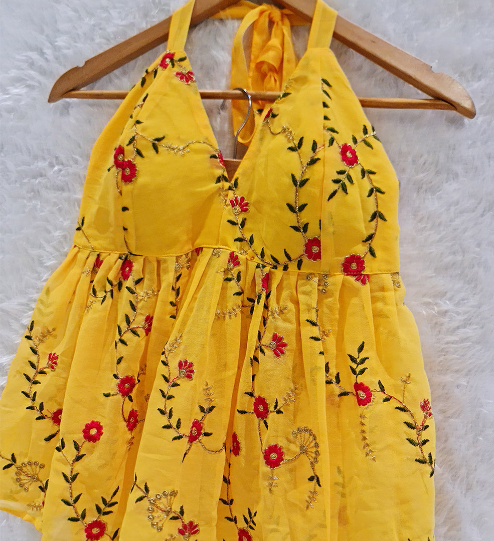 Yellow Embrodiered Halter Neck Chiffon Removable Padded Top