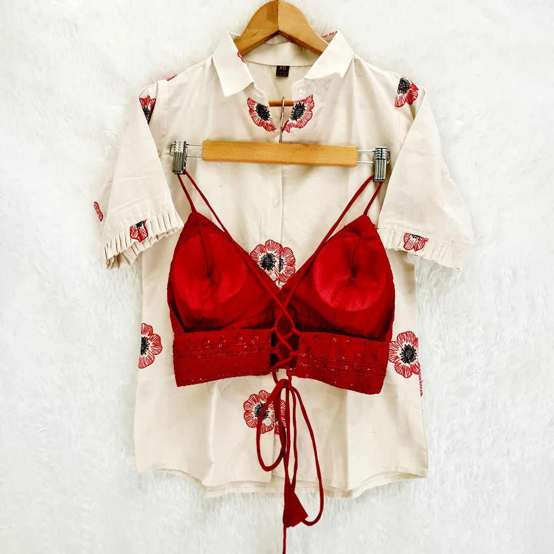 Milky White Embroidery Cotton Shirt & Red Chikan Bra Combo