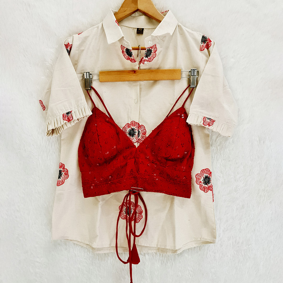 Milky White Embroidery Cotton Shirt & Red Chikan Bra Combo