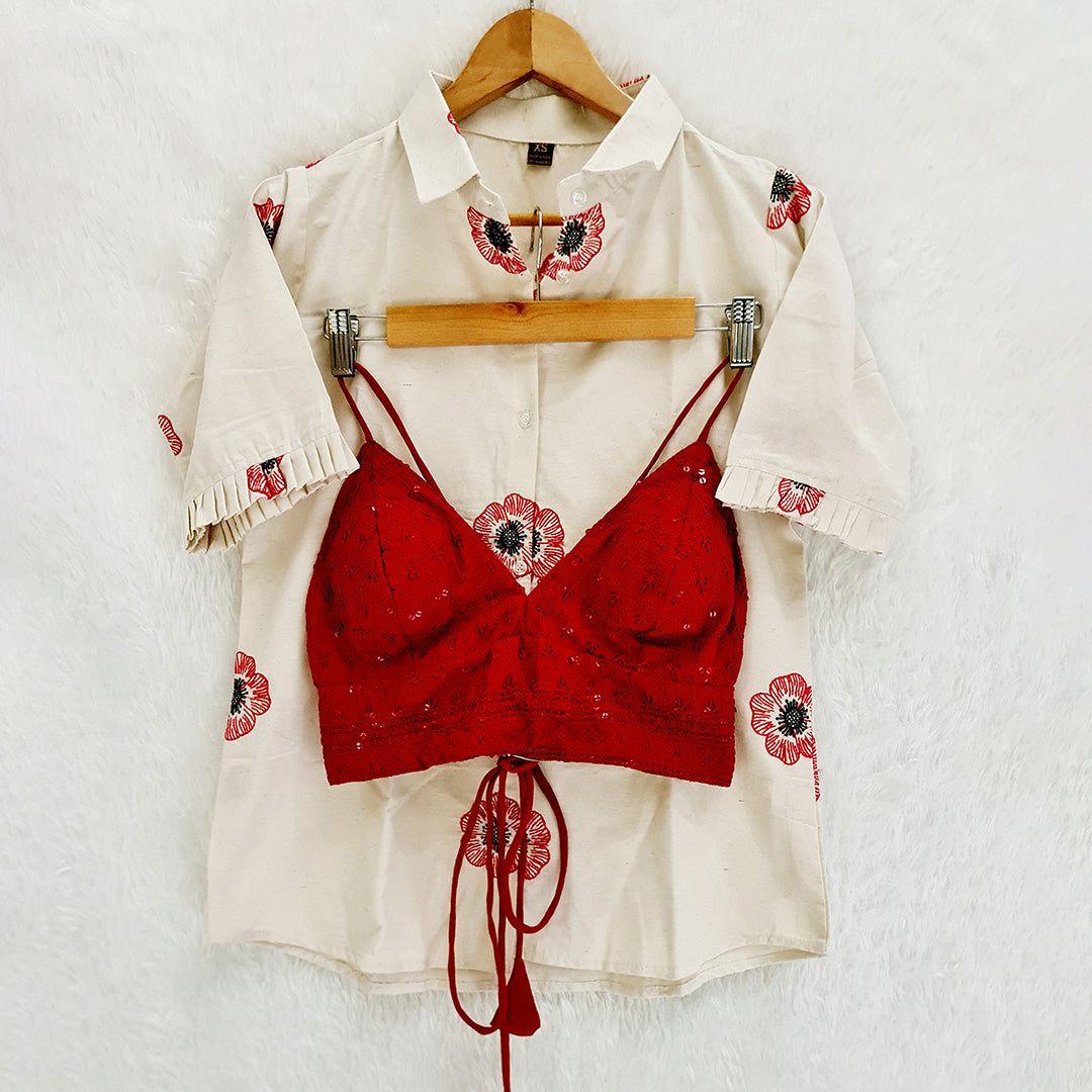 Milky White Embroidery Cotton Shirt & Red Chikan Bra Combo