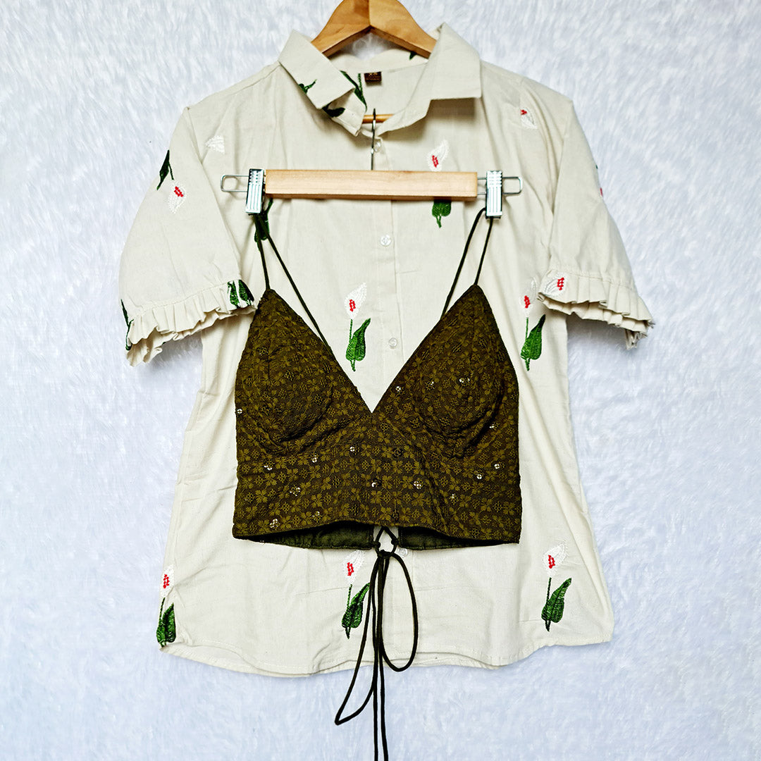 Off White Floral Embroidered Shirt & Green Chikan Bra Combo