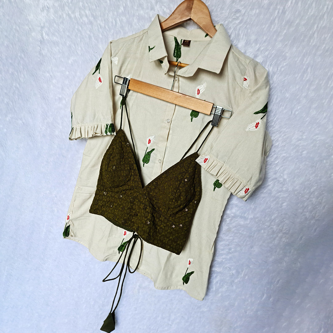 Off White Floral Embroidered Shirt & Green Chikan Bra Combo