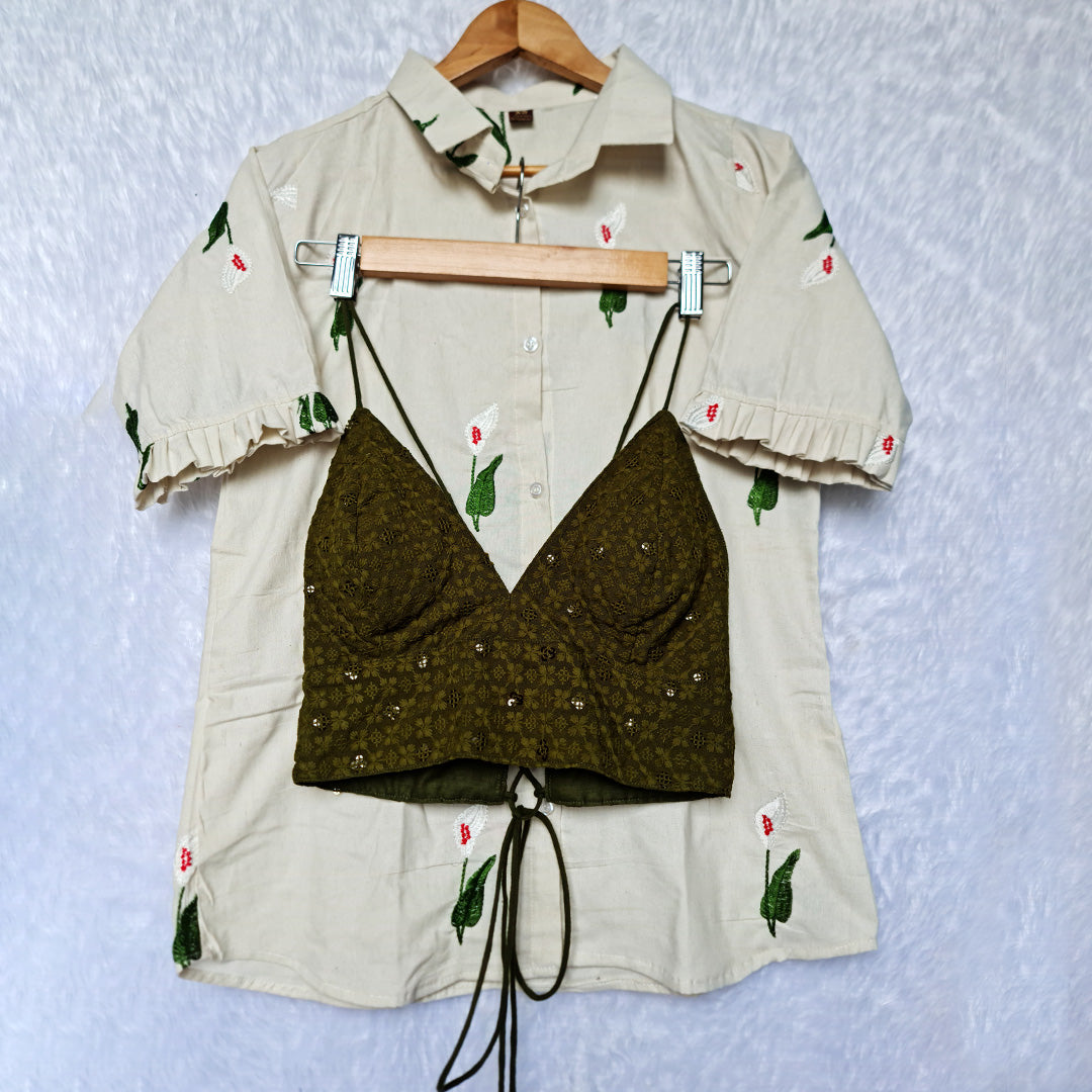 Off White Floral Embroidered Shirt & Green Chikan Bra Combo