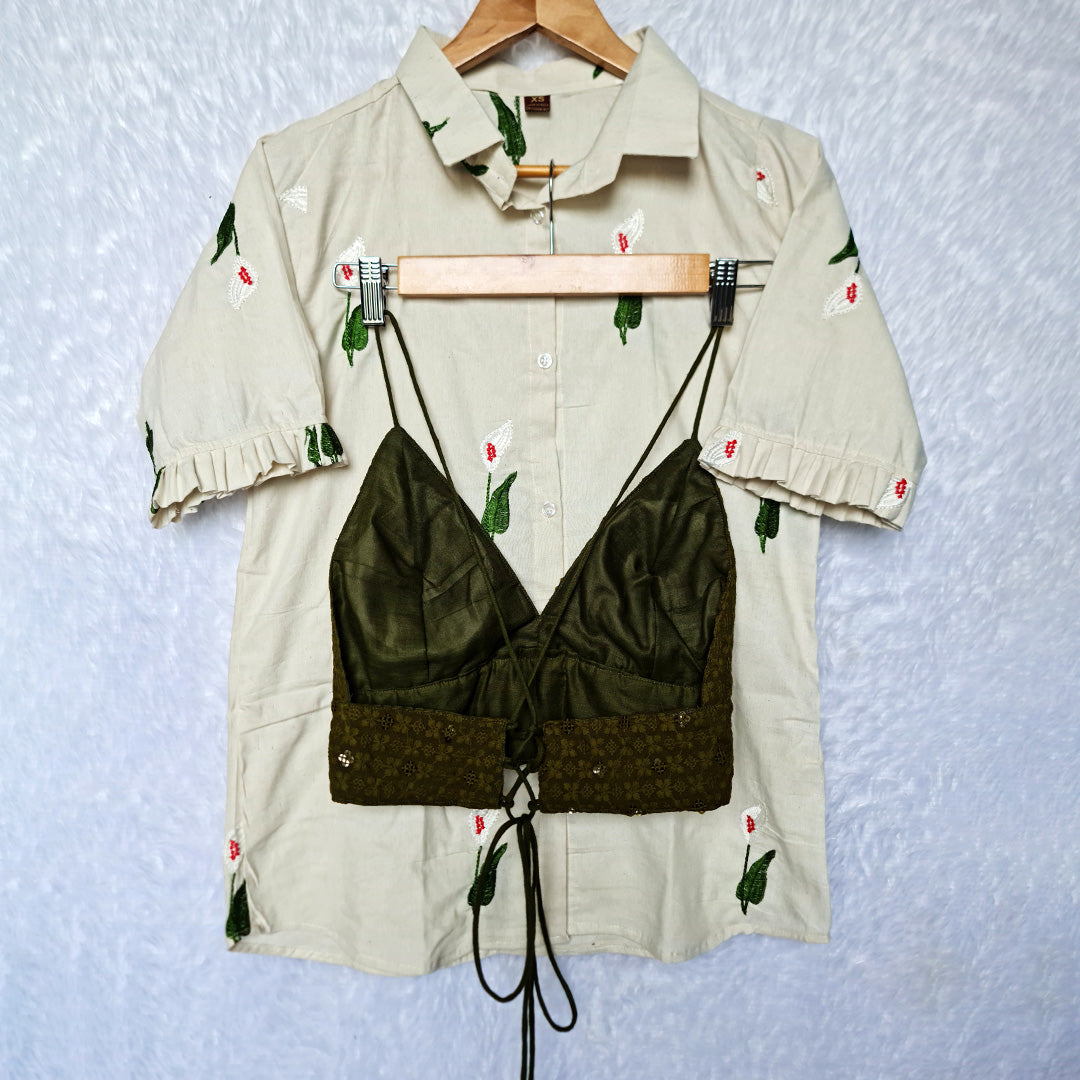 Off White Floral Embroidered Shirt & Green Chikan Bra Combo