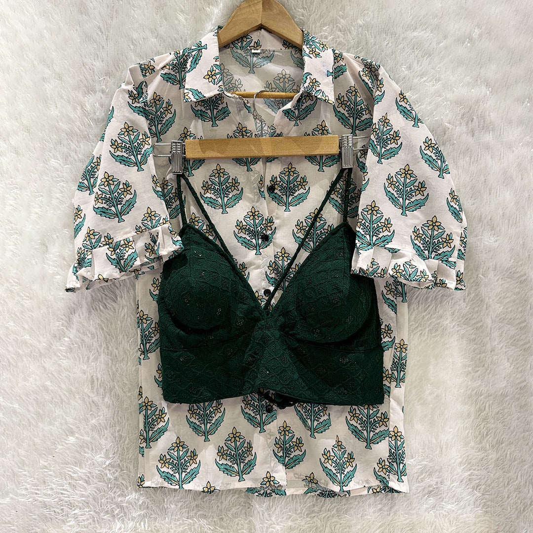 Biege Cotton printed Shirt & Green Chikan Bra Combo